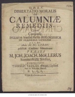 Dissertatio Moralis De Calumniae Remediis