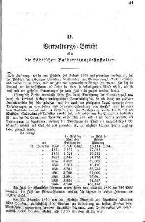 D. Verwaltungs-Bericht über die städtischen Gasbereitungs-Anstalten