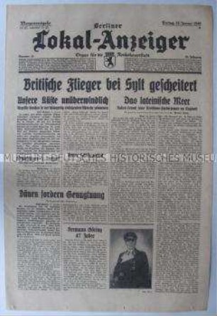 Tageszeitung "Berliner Lokal-Anzeiger" u.a. über dänische Proteste nach der Bombardierung der Insel Röm durch die britische Luftwaffe