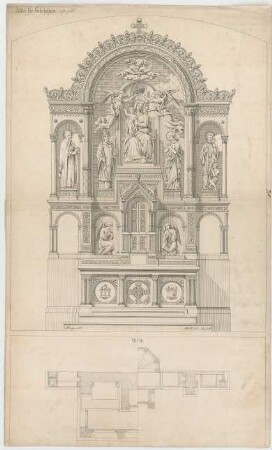 Müller, Josef Anton; Gelchsheim bei Ochsenfurt; Pfarrkirche - Altar (Grundriss m. Schnitt, Ansicht)