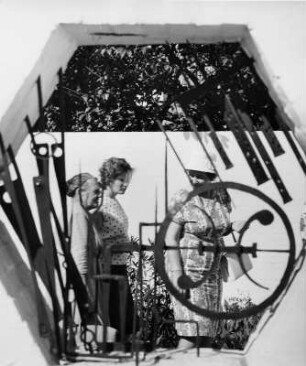 Hamburg. Internationale Gartenbauausstellung (IGA) auf dem Gelände von Planten un Blomen 1963. Blick durch ein Ziergitter auf Besucher der Ausstellung