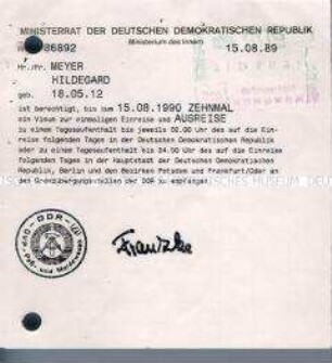 Einreisevisum zur zehnmaligen Einreise in die DDR - Familienkonvolut