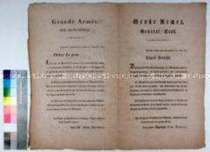 Bekanntmachung des Generalstabes der französischen Armee vom 1. November 1806 über die Kriegsereignisse bei Stettin während des 4. Koalitionskrieges (in deutscher und französischer Sprache)