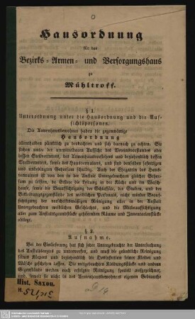 Hausordnung für das Bezirks-Armen- und Versorgungshaus zu Mühltroff