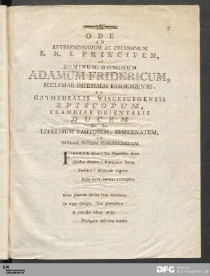 Ode ad reverendissimum ac celsissimum S. R. I. Principem [...].