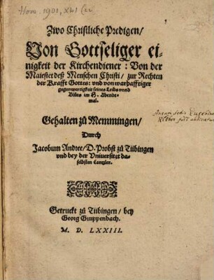 Zwo christliche Predigen von gottseliger einigkeit der Kirchendiener