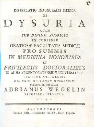 Dissertatio Inauguralis Medica De Dysuria : Quam Sub Divino Auspicio ...