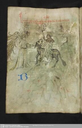 109v: kolorierte Federzeichnung: Balaam und der Engel