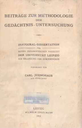 Beiträge zur Methodologie der Gedächtnisuntersuchung