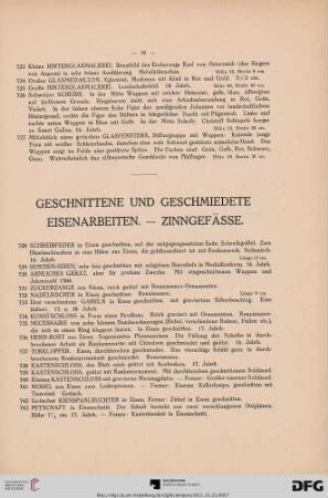 Geschnittene und geschmiedete Eisenarbeiten – Zinngefässe (Nr. 728-757)