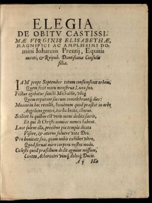 Elegia De Obitu Castissimae Virginis Elisabethae ...