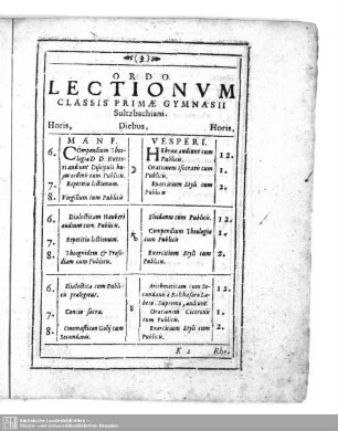 Ordo lectionum classis primae gymnasii Sultzbachiani