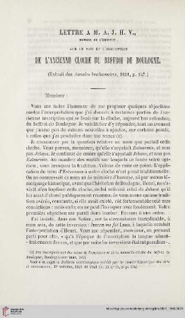 16: Lettre à M. A. J. H. V., membre de l'institut, sur le nom et l'inscription de l'ancienne Cloche du Beffroi de Boulogne : (extrait des Annales boulonnaises, 1851, p. 147)