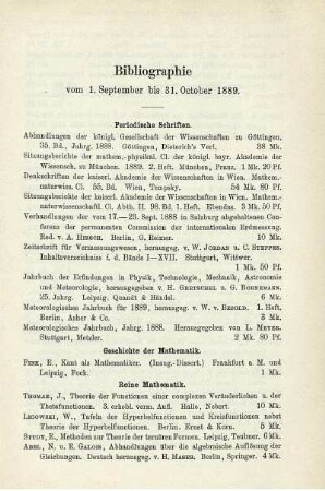Bibliographie vom 1. September bis 31. October 1889.