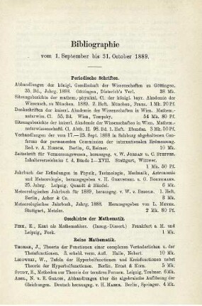 Bibliographie vom 1. September bis 31. October 1889.