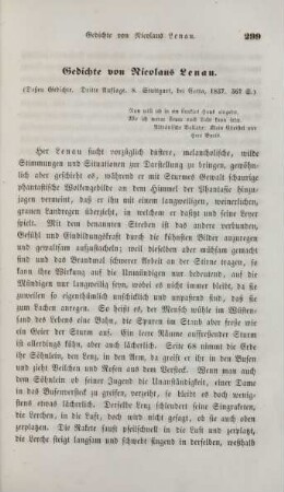 Gedichte von Nicolaus Lenau. (Deßen Gedichte ... Stuttgart, bei Cotta, 1837. 367 S.)