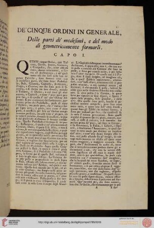 De’ cinque ordini in generale, delle parti de’ medesimi, e del modo di geometricamente formarli