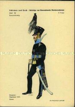 Uniformdarstellung, Gemeiner des Husaren-Regiments, Herzogtum Braunschweig, 1815.