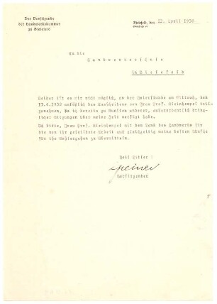 Brief des Vorsitzenden der Handwerkskammer : Biografisches Dokument