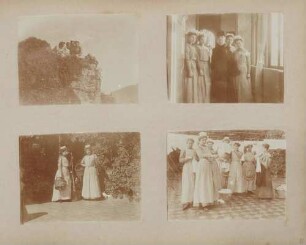 links oben: 4 Schülerinnen der Haushaltungsschule Baden-Baden auf Schloss Hohenbaden (?) rechts oben: Großherzogin Luise mit Schülerinnen der Haushaltungsschule Baden-Baden links unten: Schülerinnen der Haushaltungsschule Baden-Baden (?) rechts unten: Schülerinnen der Haushaltungsschule Baden-Baden (?)