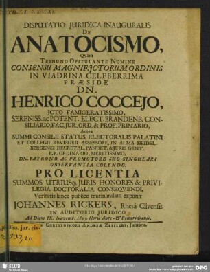 Disputatio Juridica Inauguralis De Anatocismo