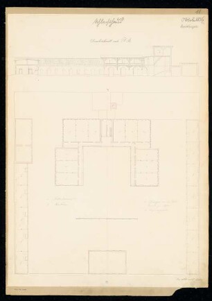 Schlachthaus Monatskonkurrenz Oktober 1836: Grundriss Obergeschoss, Längsschnitt; Maßstabsleiste