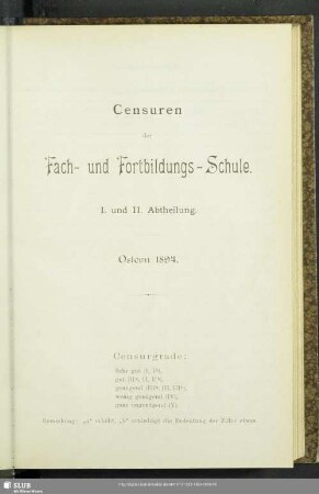 Censuren der Fach- und Fortbildungs-Schule : I. und II. Abtheilung