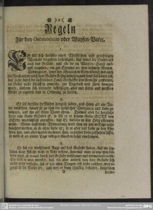 Regeln Für den Oeconomum oder Waysen-Vater