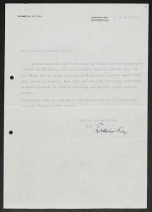 Brief von Wilhelm Buller an Annie Pollak