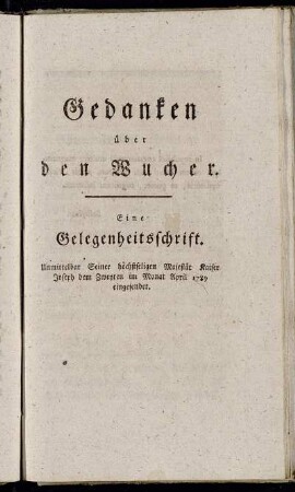 Gedanken über den Wucher: Eine Gelegenheitsschrift.