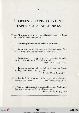Étoffes - Tapis d'orient - Tapisseries anciennes (Nr. 132-146)