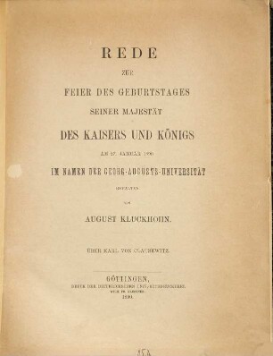 Über Karl von Clausewitz : Rede zur Feier des Geburtstages seiner Majestät des Kaisers und Königs ; am 27. Januar 1890