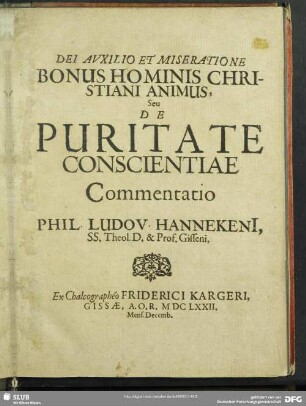Bonus hominis Christiani animus seu de Puritate Conscientiae Commentatio