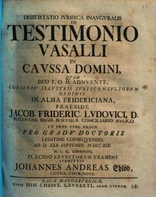 Dissertatio Ivridica Inavgvralis De Testimonio Vasalli In Cavssa Domini
