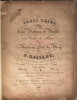 Trois trios pour deux violons et basse ou violon et piano : 5. livre de trios ; oeuv. 39, 3