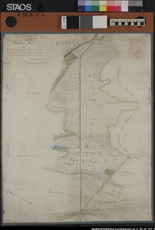 Die hannoversch-preußische Grenze im Westerbruch (zwischen Spelle und Venhaus, im Krs. Lingen und Dreierwalde im Krs. Tecklenburg) von der Hopstener Aa bis zum "Stein im Barentelgen" (=Schnittpunkt der Markengrenzen von Plantlünne, Listrup, Holsten, Altenrheine, Dreierwalde = Höhe 40,6 d. Meßtischbl., 11/2 km westl. d. heutigen Dortmund-Emskanals). Raum: Westerbruch, "Südwalde", "Das Witte Venn" mit randlichen Kolonaten und Wiesen. Ausf.-Art: Farbige Zeichnung Herst.: Müller Format: 60 x 47 cm Maßstab: 1 : 14000