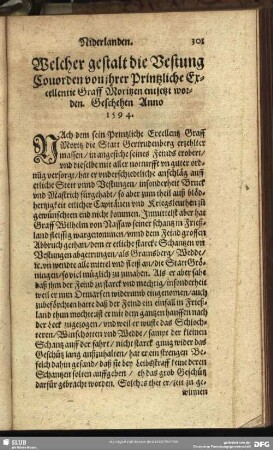 Welcher gestalt die Vestung Couorden von ihrer Printzliche Excellentie Graff Moritzen entsetzt worden. Geschehen Anno 1594