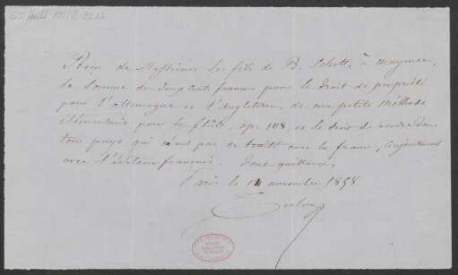 Quittung über Honorar für "Petite Méthode élémentaire pour la flûte, Op. 108"