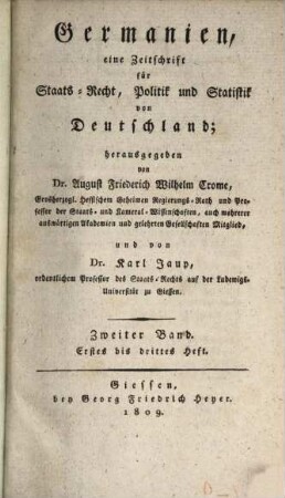 Germanien : e. Zeitschrift für Staatsrecht, Politik u. Statistik v. Deutschland. 2, 2. 1808/09