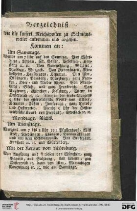 Verzeichniß, wie die kaiserl. Reichsposten zu Salmansweiler ankommen und abgehen