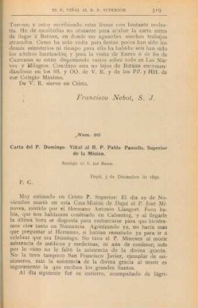 Núm. 86. Carta P. Domingo Vinal al R. P. Pablo Pastells, Superior de la Misión
