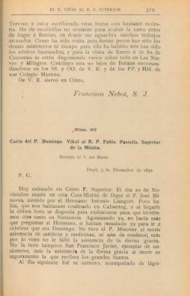 Núm. 86. Carta P. Domingo Vinal al R. P. Pablo Pastells, Superior de la Misión