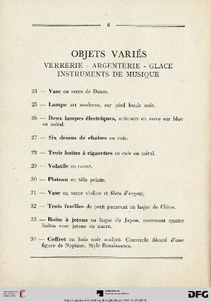 Objets variés - Verrerie - Argenterie - Glace - Instruments de musique (Nr. 24-56)