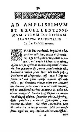 Ad Amplissimvm Et Excellentissimvm Virvm D. Thomam Franzivm Orientalis Frisiæ Cancellarium