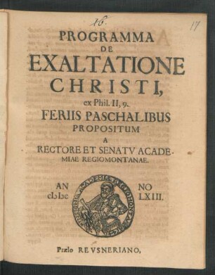 Programma De Exaltatione Christi : ex Phil. II, 9. Feriis Paschalibus Propositum