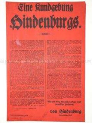 Maueranschlag mit dem Wortlaut eines Aufrufes von Hindenburg zur Vorsicht vor Propagandaflugblättern der Kriegsgegner