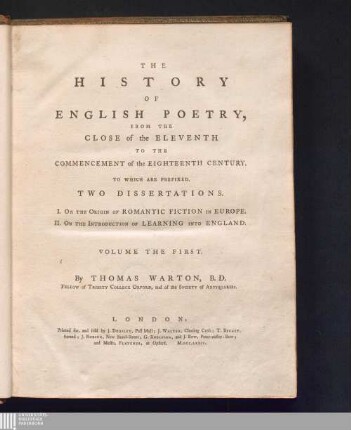 Volume The First: The History Of English Poetry : From The Close of the Eleventh To The Commencement of the Eighteenth Century
