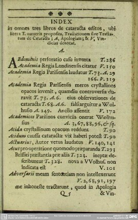 Index in omnes tres libros de cataracta editos, ubi litera T, numeris proposita, Tractationem sive Tractatum de Cataracta; A, Apologiam, & V, Vindicias denotat