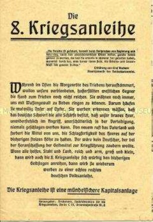 Illustrierte Flugschrift zur Werbung und Erläuterung der Notwendigkeit von Kriegsanleihen