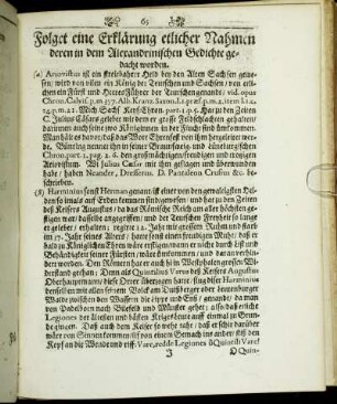 Folget eine Erklärung etlicher Nahmen deren in dem Alexandrinischen Gedichte gedacht worden.